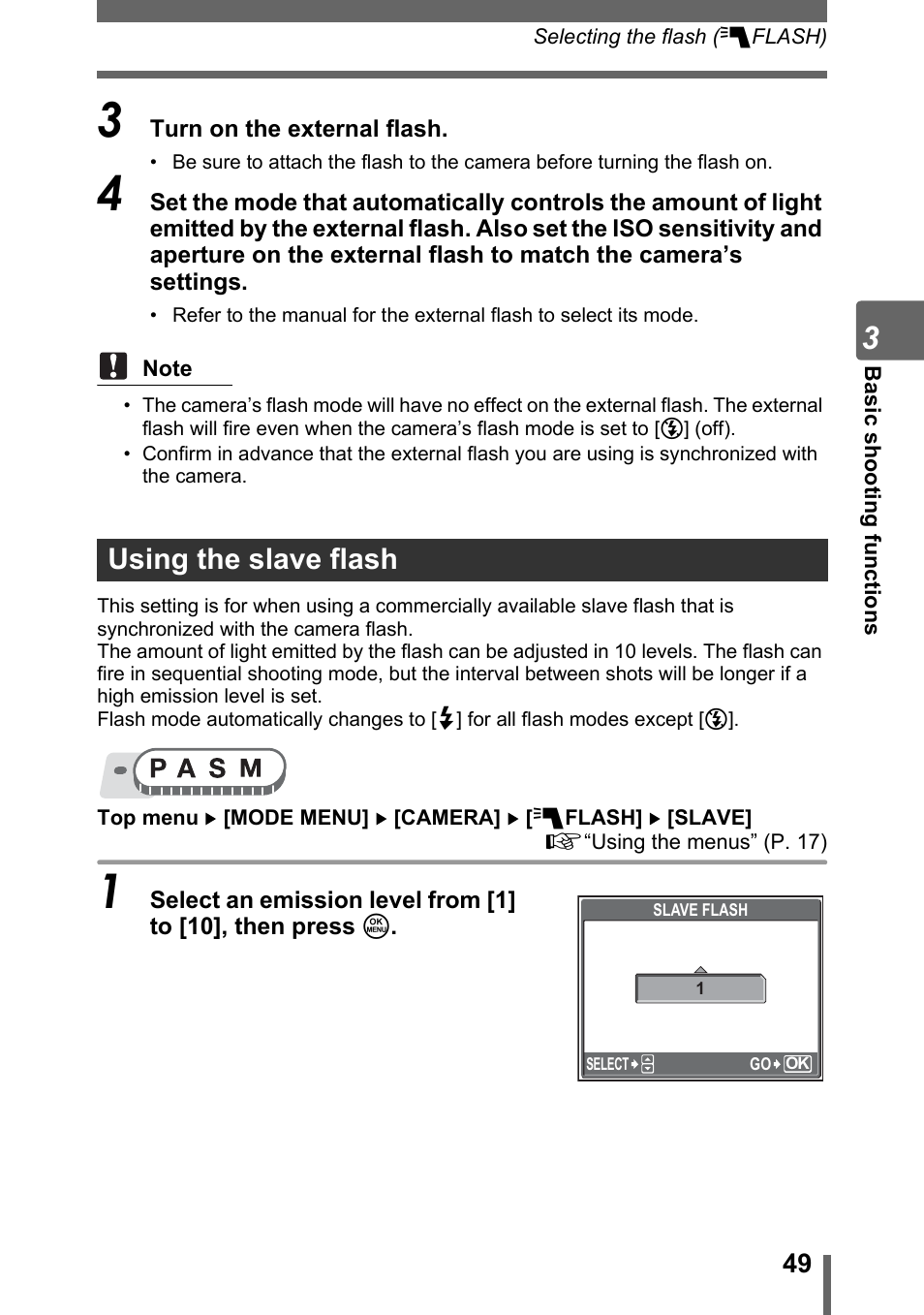 Using the slave flash | Olympus SP-310 User Manual | Page 49 / 195