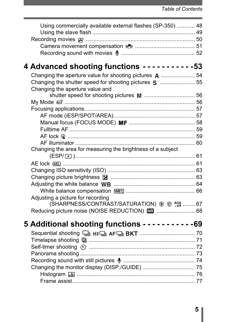 4 advanced shooting functions, 5 additional shooting functions | Olympus SP-310 User Manual | Page 5 / 195