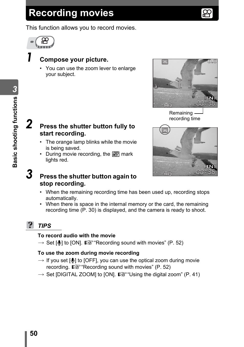 Recording movies, Recording movies” (p. 50) | Olympus SP-310 User Manual | Page 50 / 195