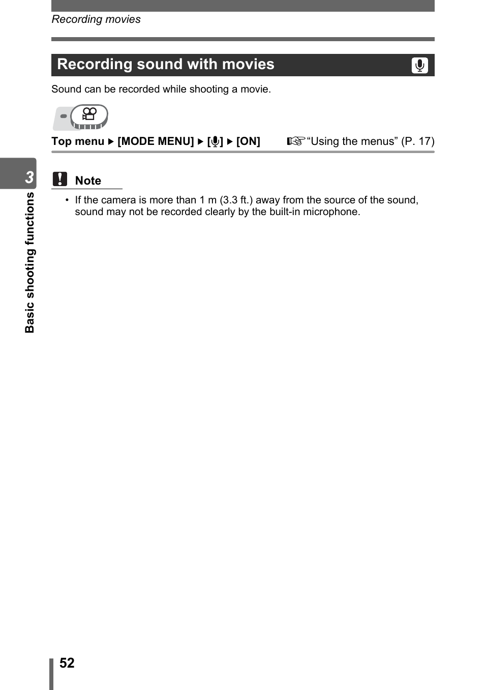 Recording sound with movies, G“recording sound with movies” (p. 52), Recording sound with movies” (p. 52) | Olympus SP-310 User Manual | Page 52 / 195