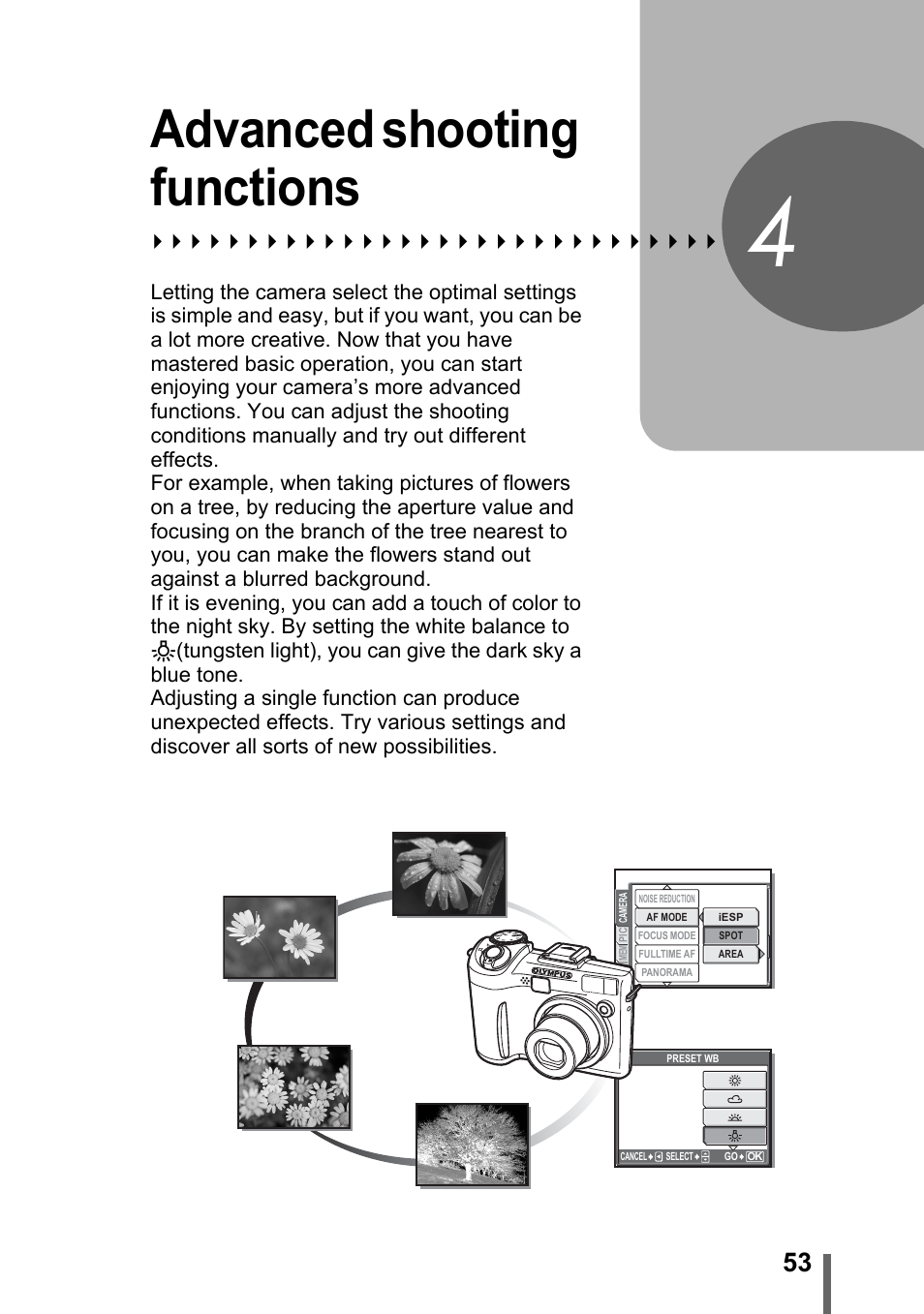 4 advanced shooting functions, Advanced shooting, Functions | P. 53, Advanced shooting functions | Olympus SP-310 User Manual | Page 53 / 195