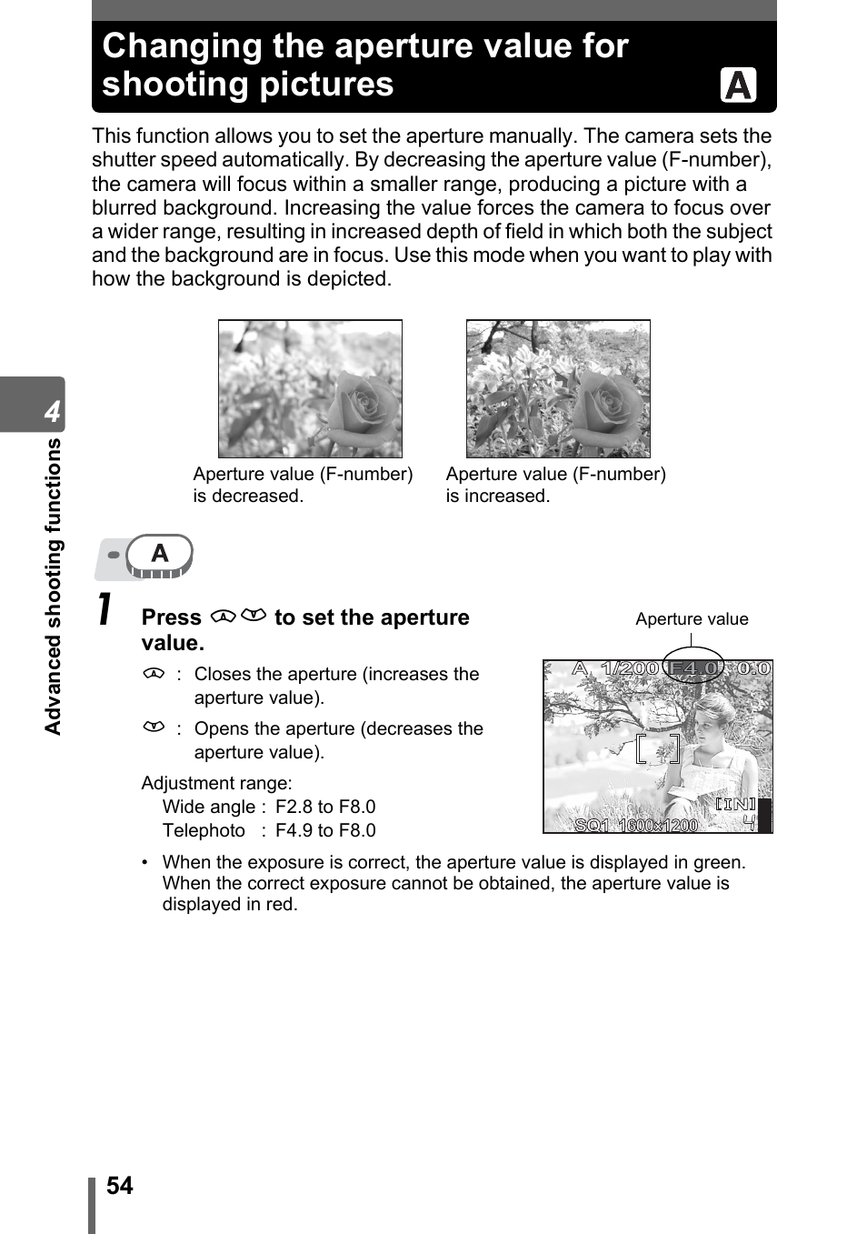 Changing the aperture value for shooting pictures, G“changing the, Aperture value for shooting pictures” (p. 54) | Olympus SP-310 User Manual | Page 54 / 195