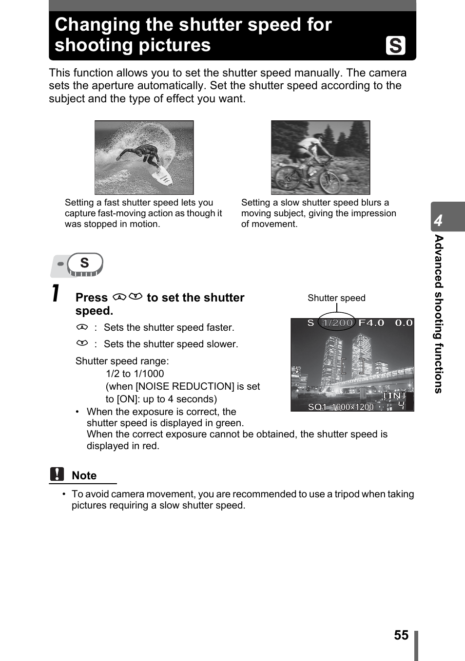 Changing the shutter speed for shooting pictures, Changing the, Shutter speed for shooting pictures” (p. 55) | Olympus SP-310 User Manual | Page 55 / 195