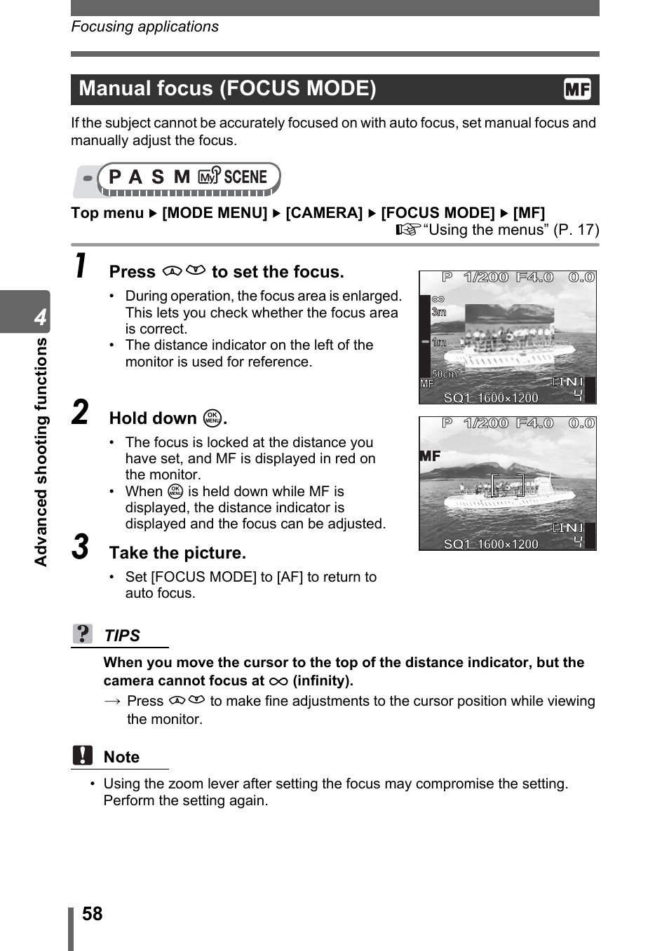 Manual focus (focus mode) | Olympus SP-310 User Manual | Page 58 / 195