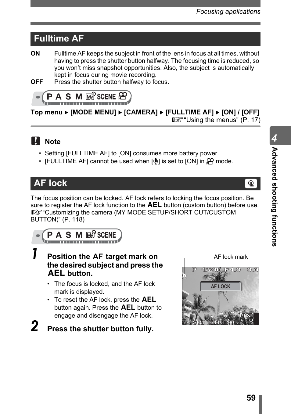 Fulltime af, Af lock, Fulltime af af lock | Olympus SP-310 User Manual | Page 59 / 195