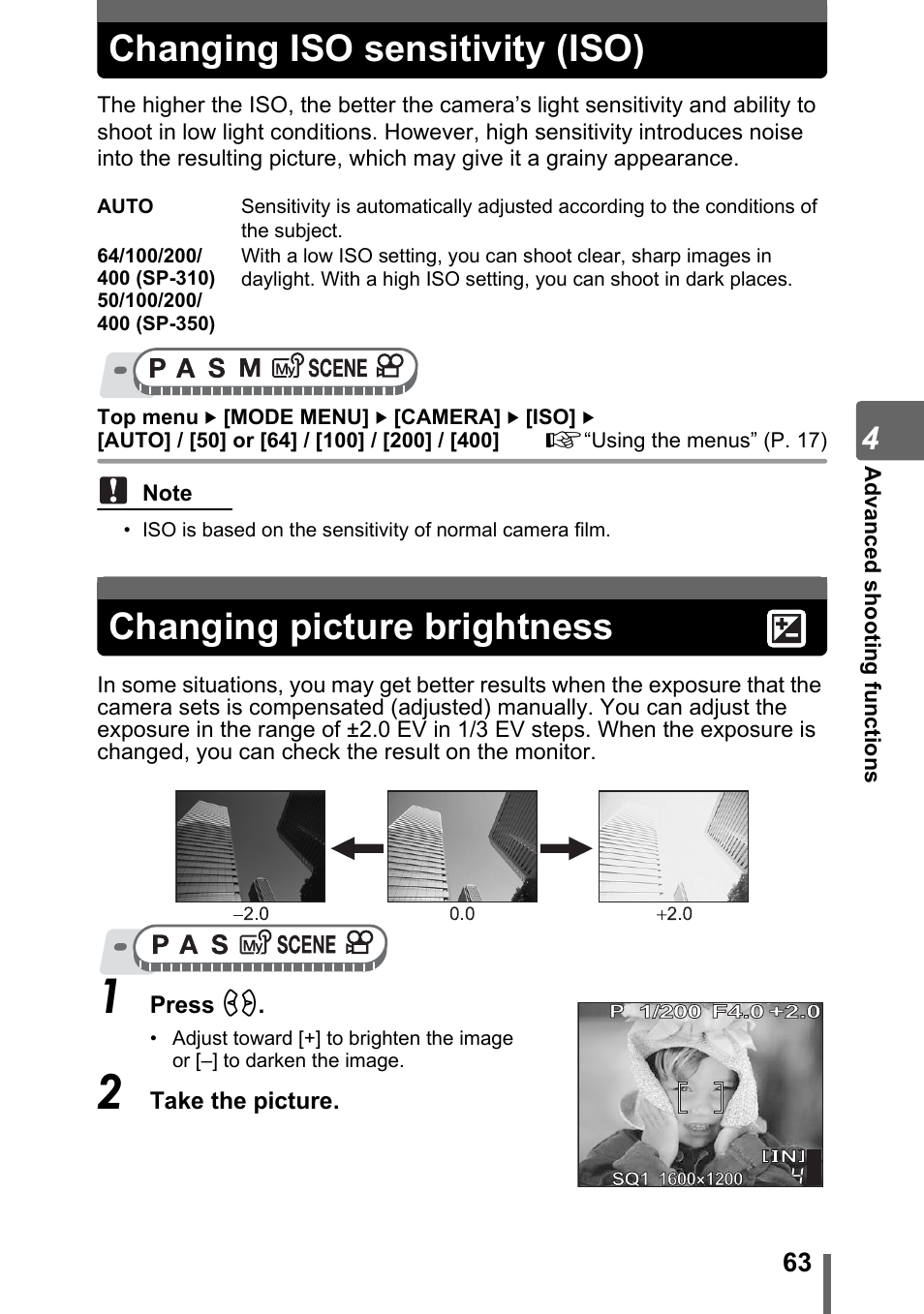 Changing iso sensitivity (iso), Changing picture brightness | Olympus SP-310 User Manual | Page 63 / 195