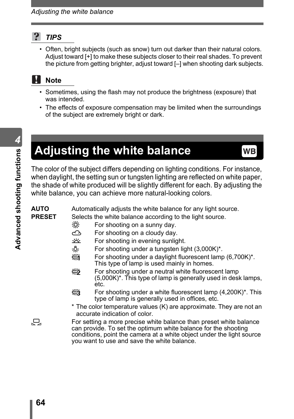 Adjusting the white balance | Olympus SP-310 User Manual | Page 64 / 195