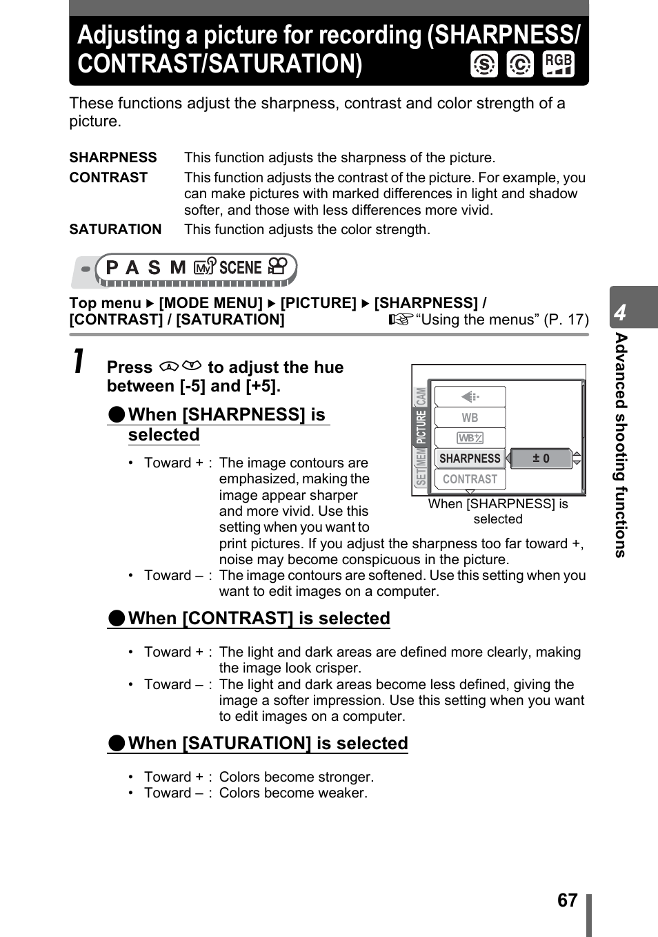 Adjusting a picture for recording, Sharpness/contrast/saturation) | Olympus SP-310 User Manual | Page 67 / 195