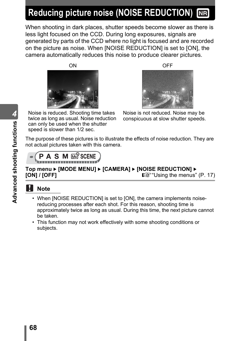 Reducing picture noise (noise reduction) | Olympus SP-310 User Manual | Page 68 / 195