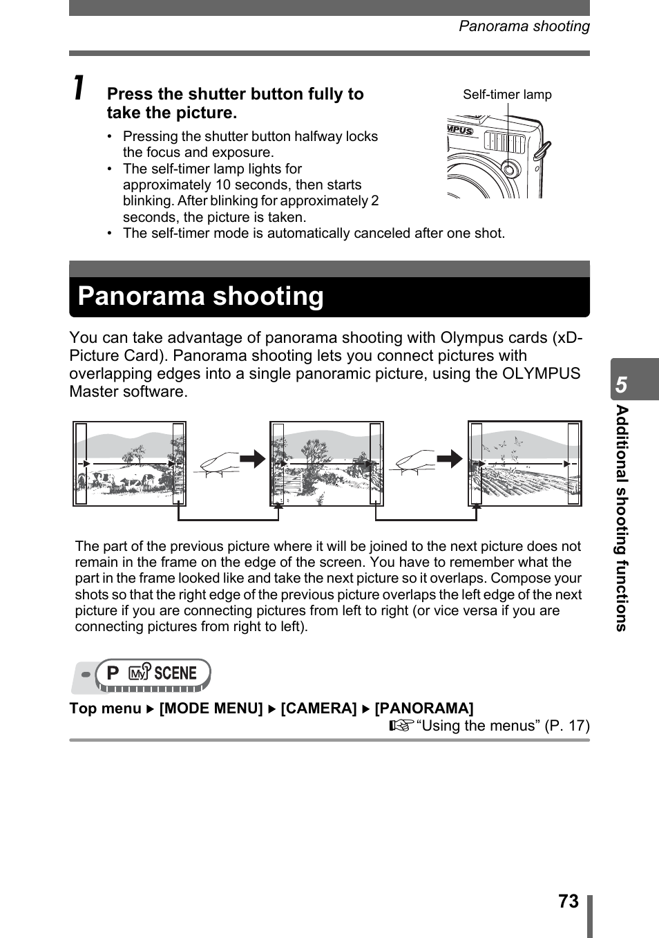 Panorama shooting | Olympus SP-310 User Manual | Page 73 / 195