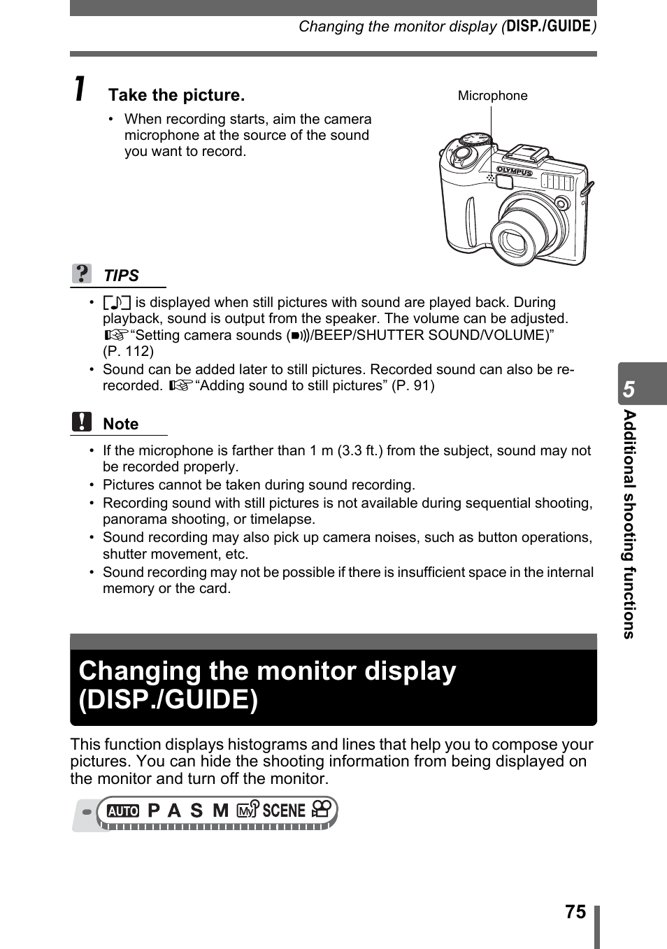 Changing the monitor display (disp./guide), P. 75 | Olympus SP-310 User Manual | Page 75 / 195