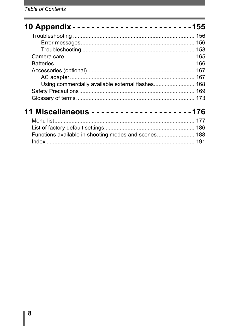 10 appendix, 11 miscellaneous | Olympus SP-310 User Manual | Page 8 / 195