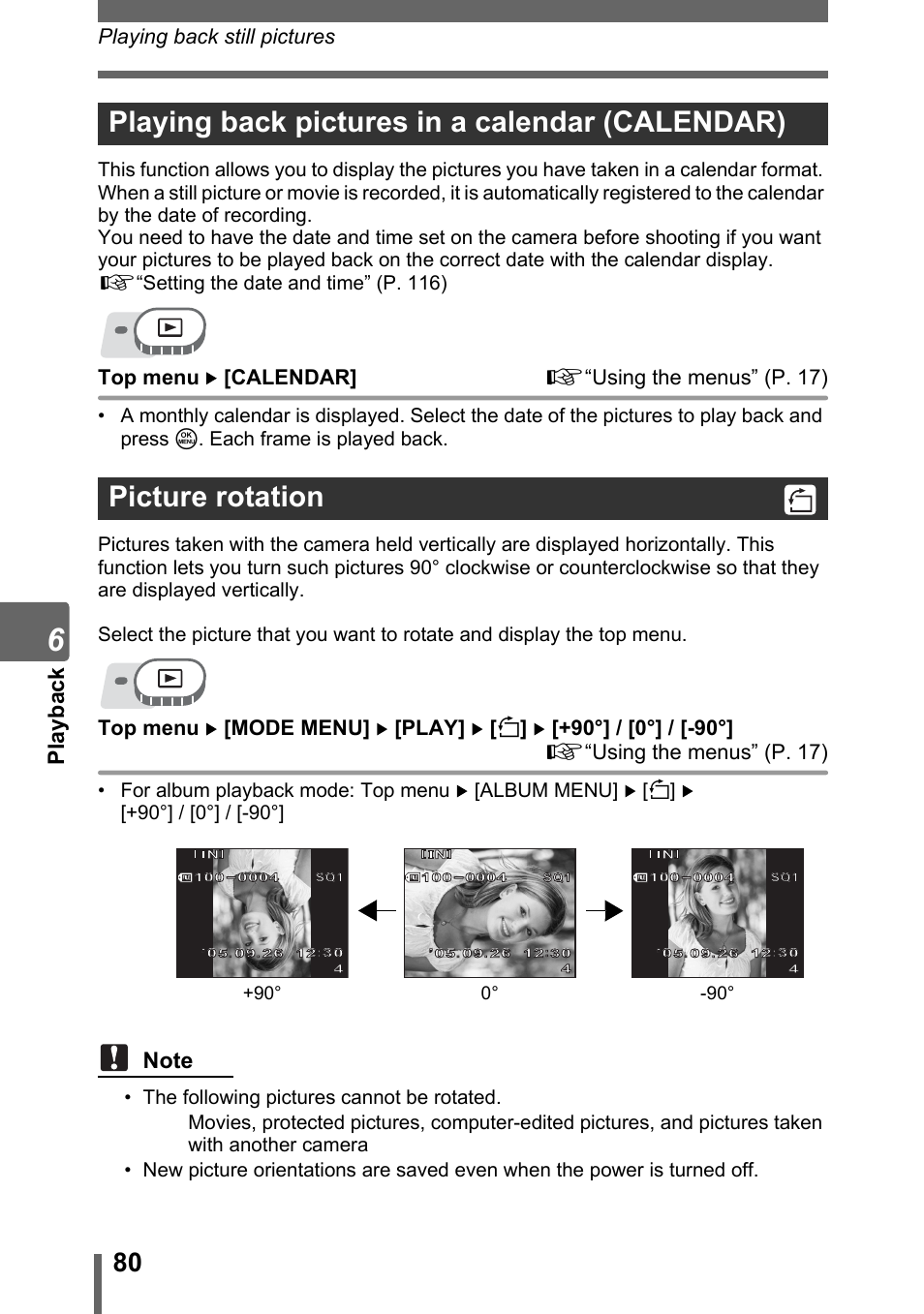 Playing back pictures in a calendar (calendar), Picture rotation, P. 80 | Pl ayba c k, Playing back still pictures, Top menu [calendar] g“using the menus” (p. 17) | Olympus SP-310 User Manual | Page 80 / 195