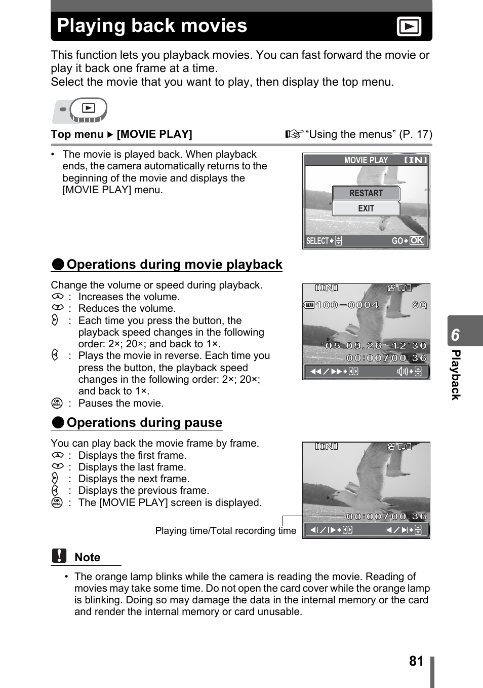 Playing back movies, P. 81, Operations during movie playback | Operations during pause | Olympus SP-310 User Manual | Page 81 / 195