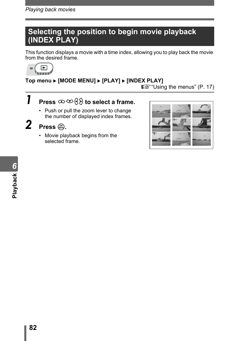 Selecting the position to begin movie playback, Index play) | Olympus SP-310 User Manual | Page 82 / 195