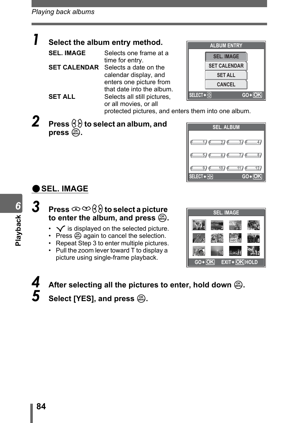 Sel. image, Select the album entry method, Press pq to select an album, and press z | Select [yes], and press z | Olympus SP-310 User Manual | Page 84 / 195