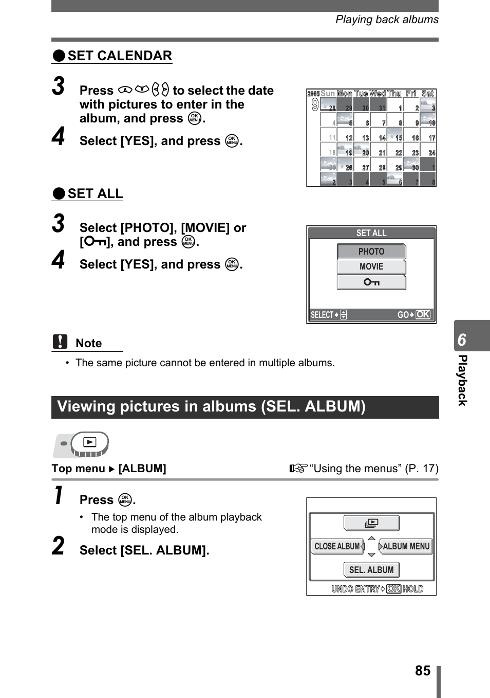 Viewing pictures in albums (sel. album), Gp. 85, P. 85 | Set calendar, Set all, Select [yes], and press z, Select [photo], [movie] or [ 0 ], and press z, Press z, Select [sel. album, Pl ayback | Olympus SP-310 User Manual | Page 85 / 195