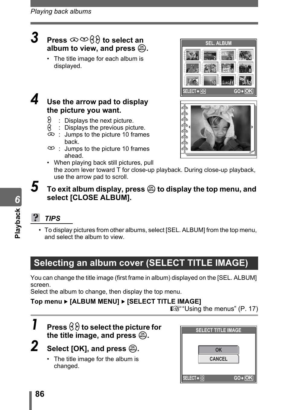 Selecting an album cover (select title image), Gp. 86, P. 86 | Olympus SP-310 User Manual | Page 86 / 195