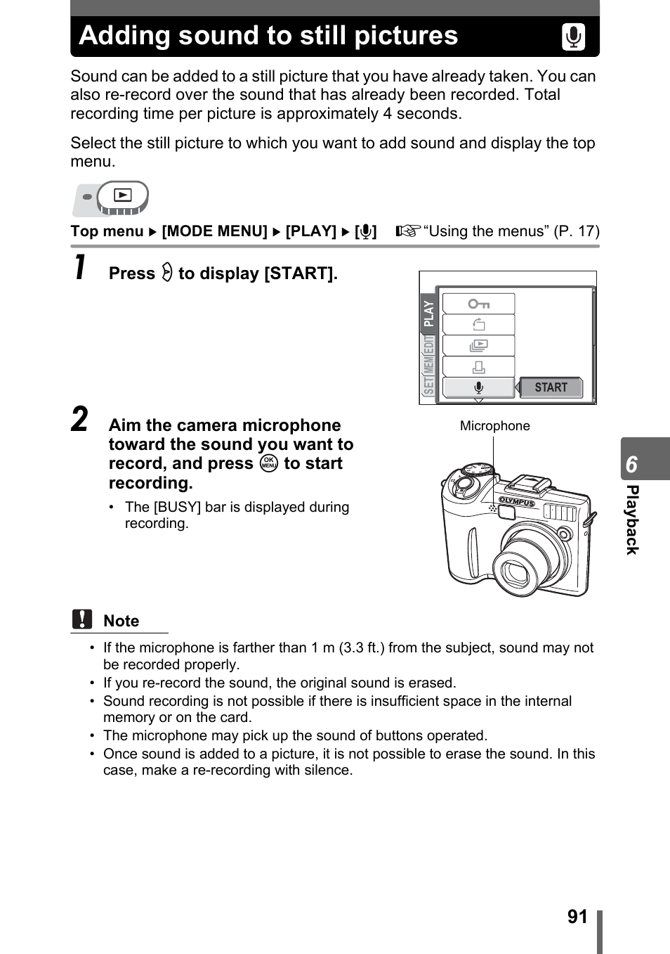 Adding sound to still pictures | Olympus SP-310 User Manual | Page 91 / 195