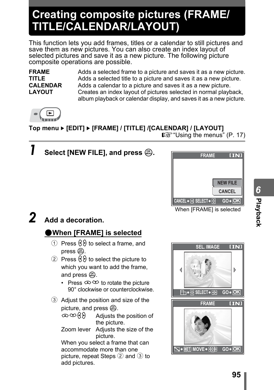 Creating composite pictures, Frame/title/calendar/layout) | Olympus SP-310 User Manual | Page 95 / 195