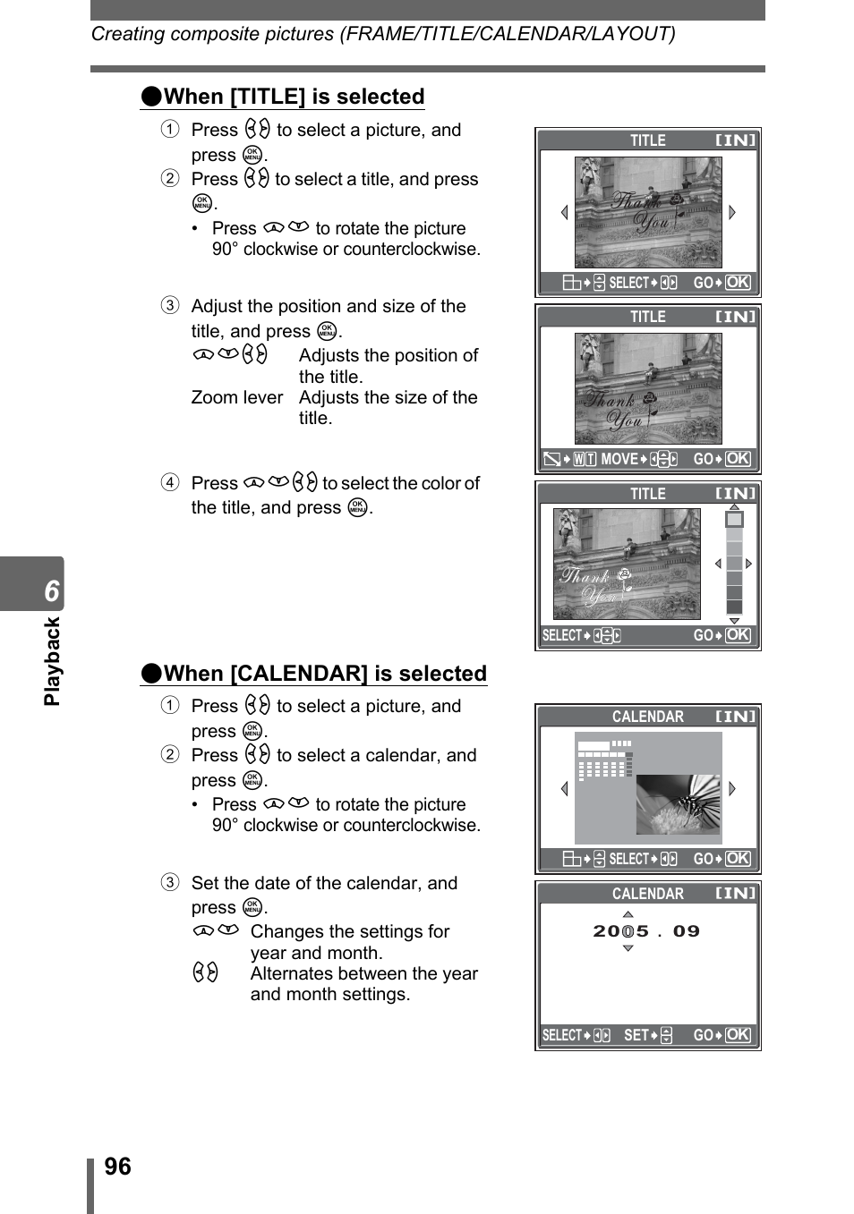 When [title] is selected, When [calendar] is selected, Pl ayba c k | Olympus SP-310 User Manual | Page 96 / 195