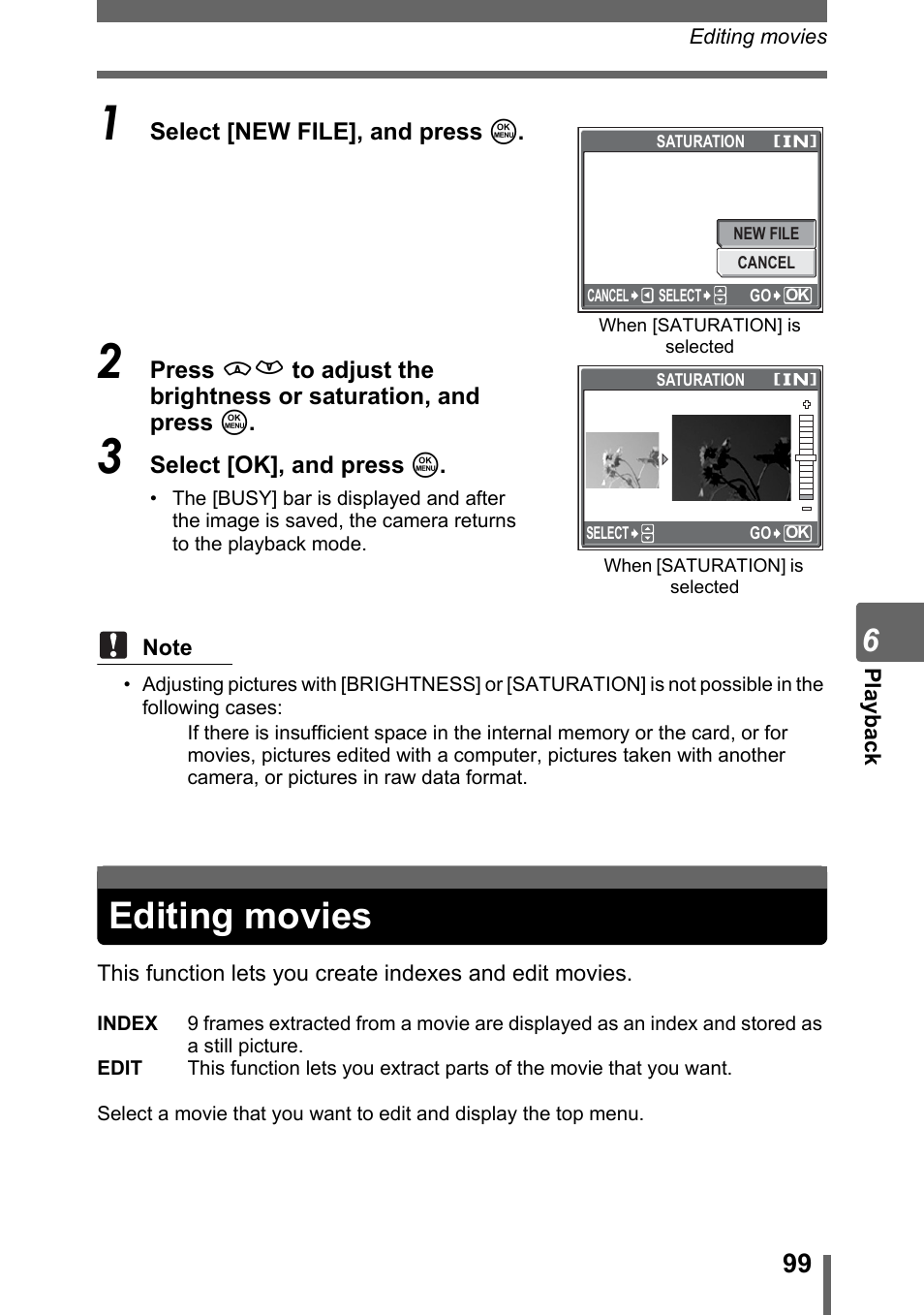 Editing movies | Olympus SP-310 User Manual | Page 99 / 195