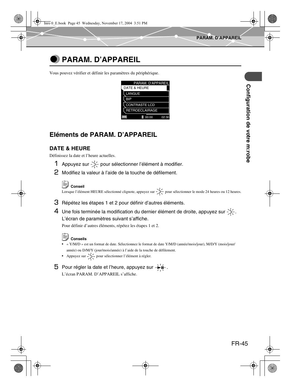 Param. d’appareil, Eléments de param. d’appareil, Fr-45 | Olympus m:robe MR-100 User Manual | Page 103 / 180