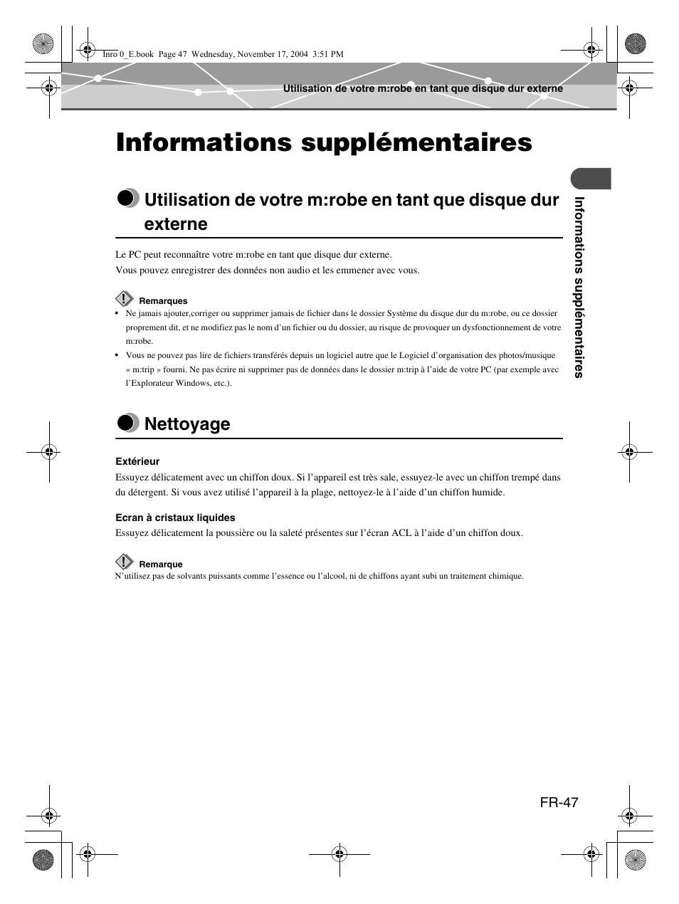 Informations supplémentaires, Nettoyage, Fr-47 | Olympus m:robe MR-100 User Manual | Page 105 / 180