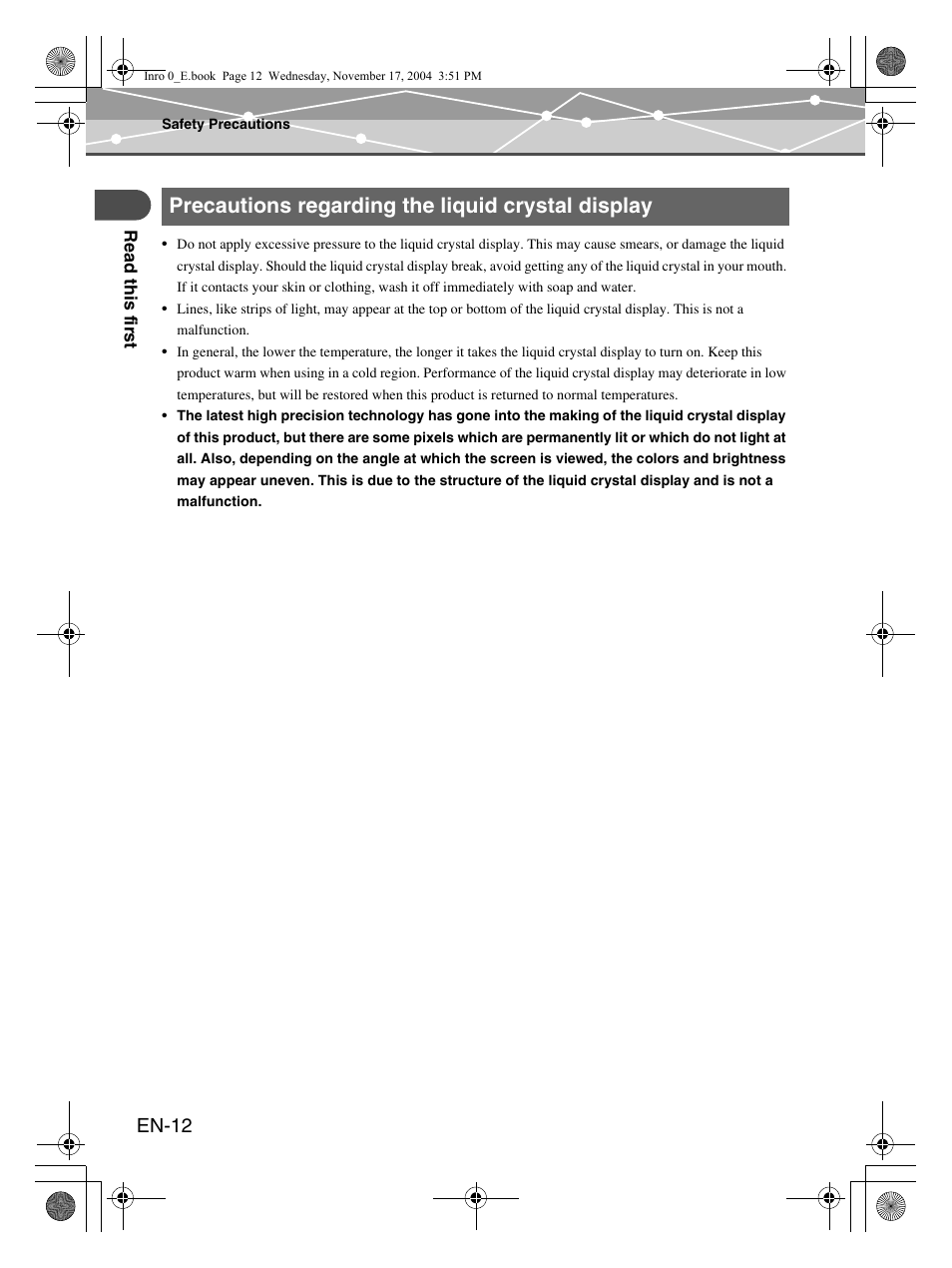 Precautions regarding the liquid crystal display, En-12 | Olympus m:robe MR-100 User Manual | Page 12 / 180