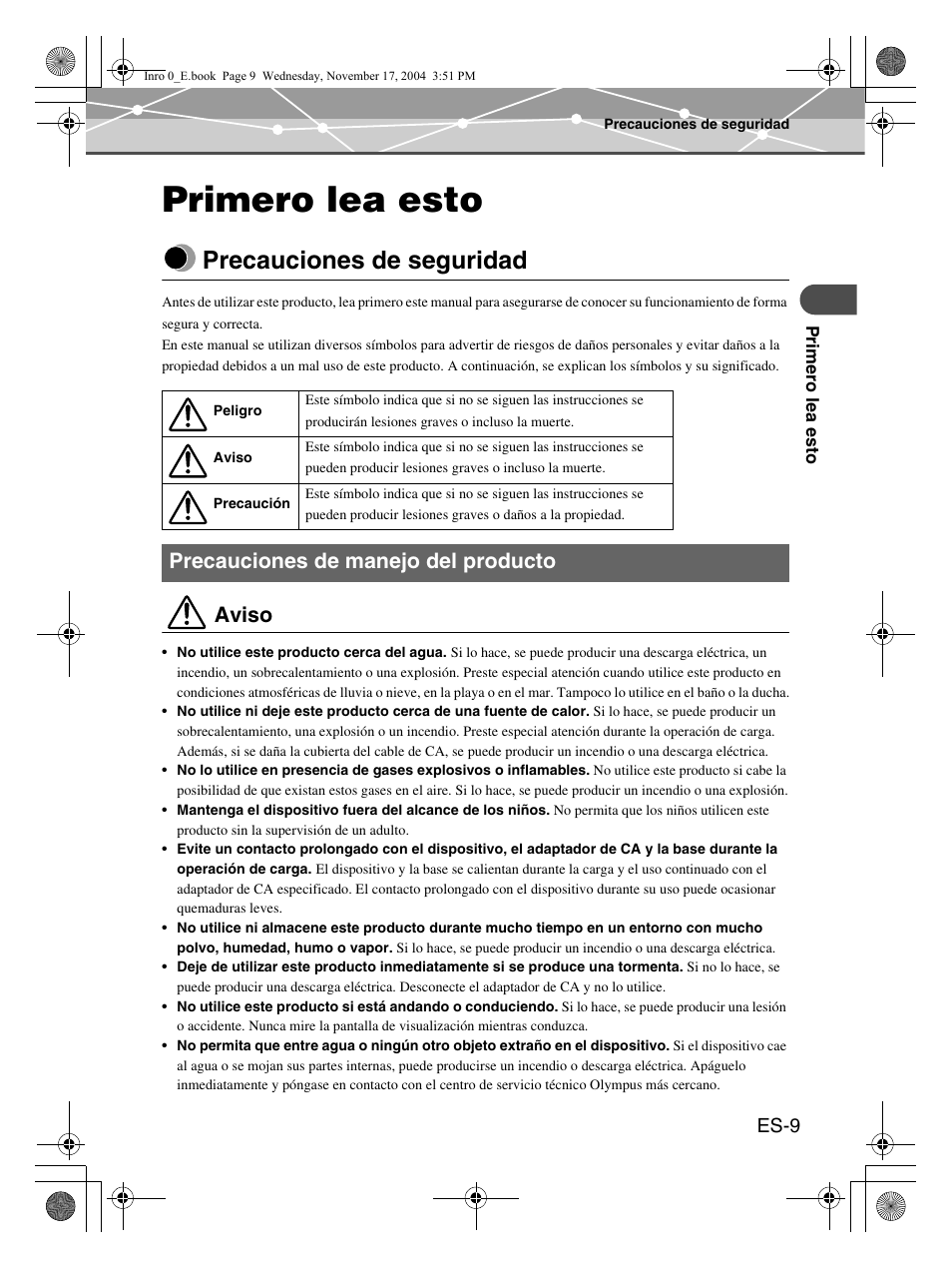 Primero lea esto, Precauciones de seguridad, Aviso | Precauciones de manejo del producto, Es-9 | Olympus m:robe MR-100 User Manual | Page 125 / 180