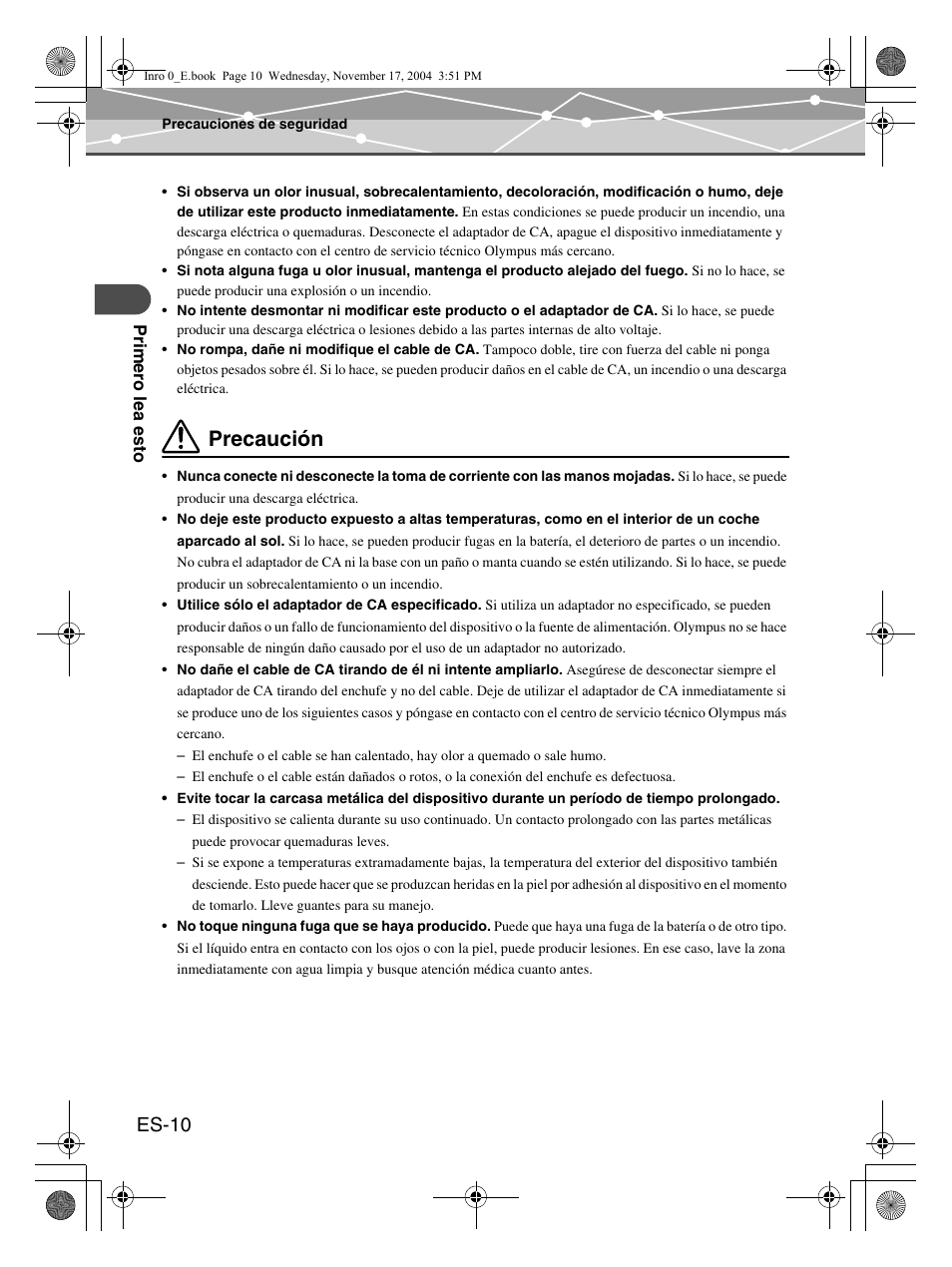 Precaución, Es-10 | Olympus m:robe MR-100 User Manual | Page 126 / 180