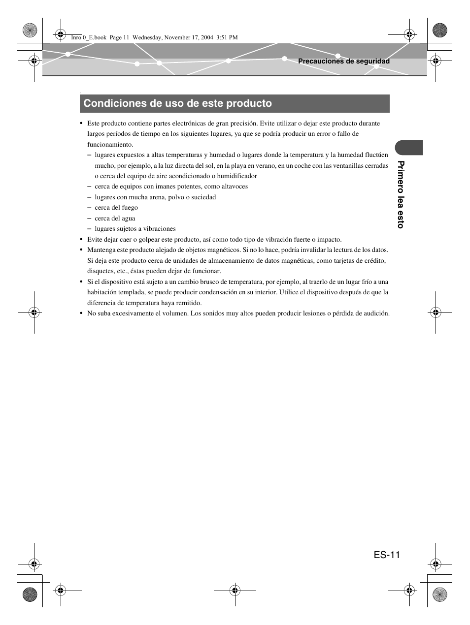 Condiciones de uso de este producto, Es-11 | Olympus m:robe MR-100 User Manual | Page 127 / 180