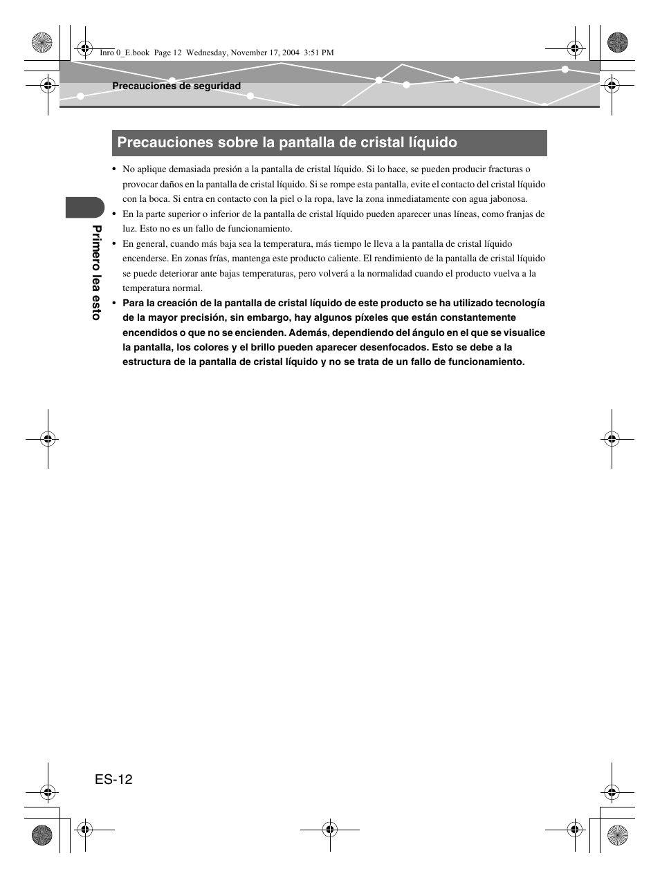 Precauciones sobre la pantalla de cristal líquido, Es-12 | Olympus m:robe MR-100 User Manual | Page 128 / 180