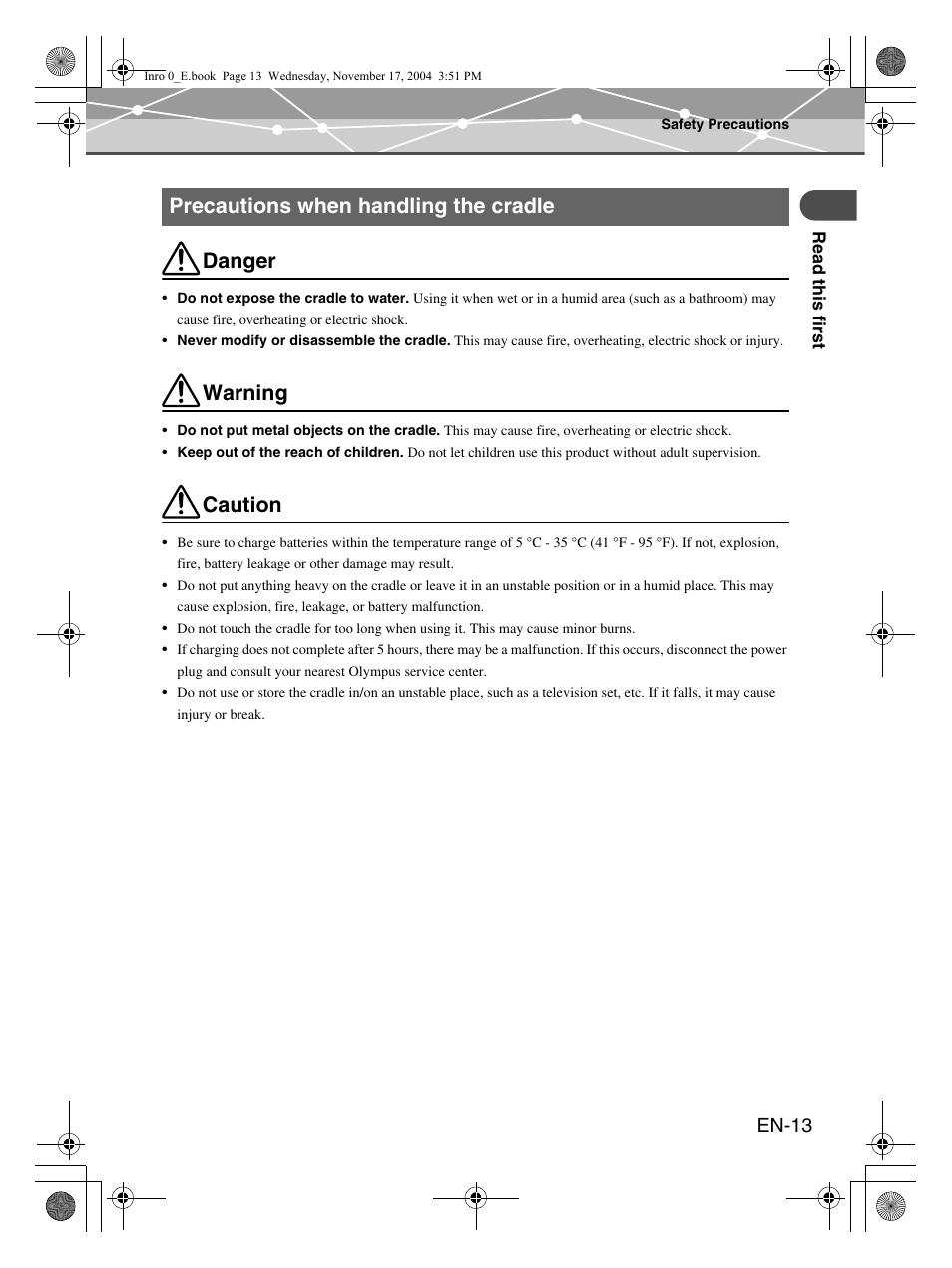 Danger, Warning, Caution | Precautions when handling the cradle, En-13 | Olympus m:robe MR-100 User Manual | Page 13 / 180