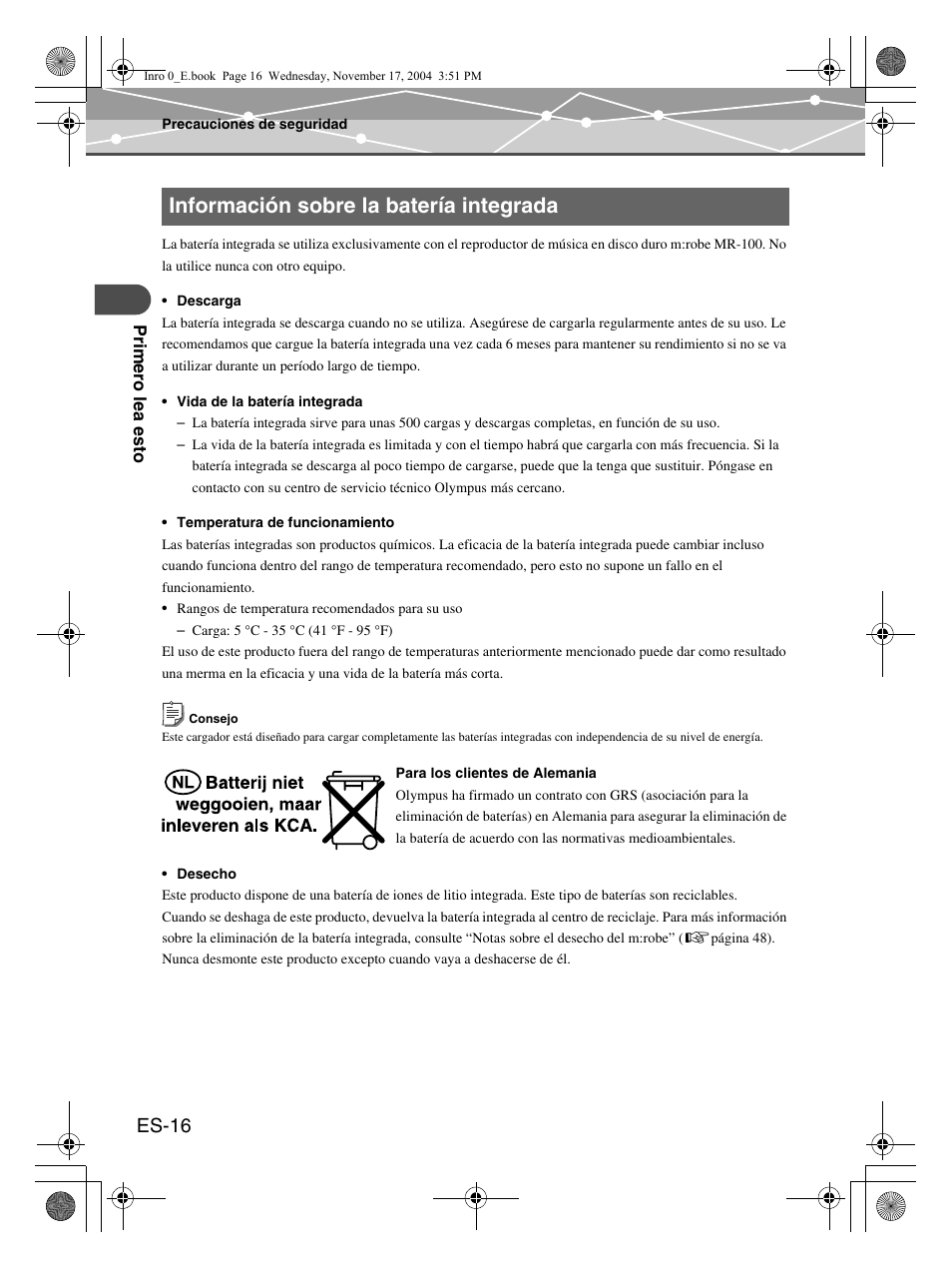 Información sobre la batería integrada, Es-16 | Olympus m:robe MR-100 User Manual | Page 132 / 180