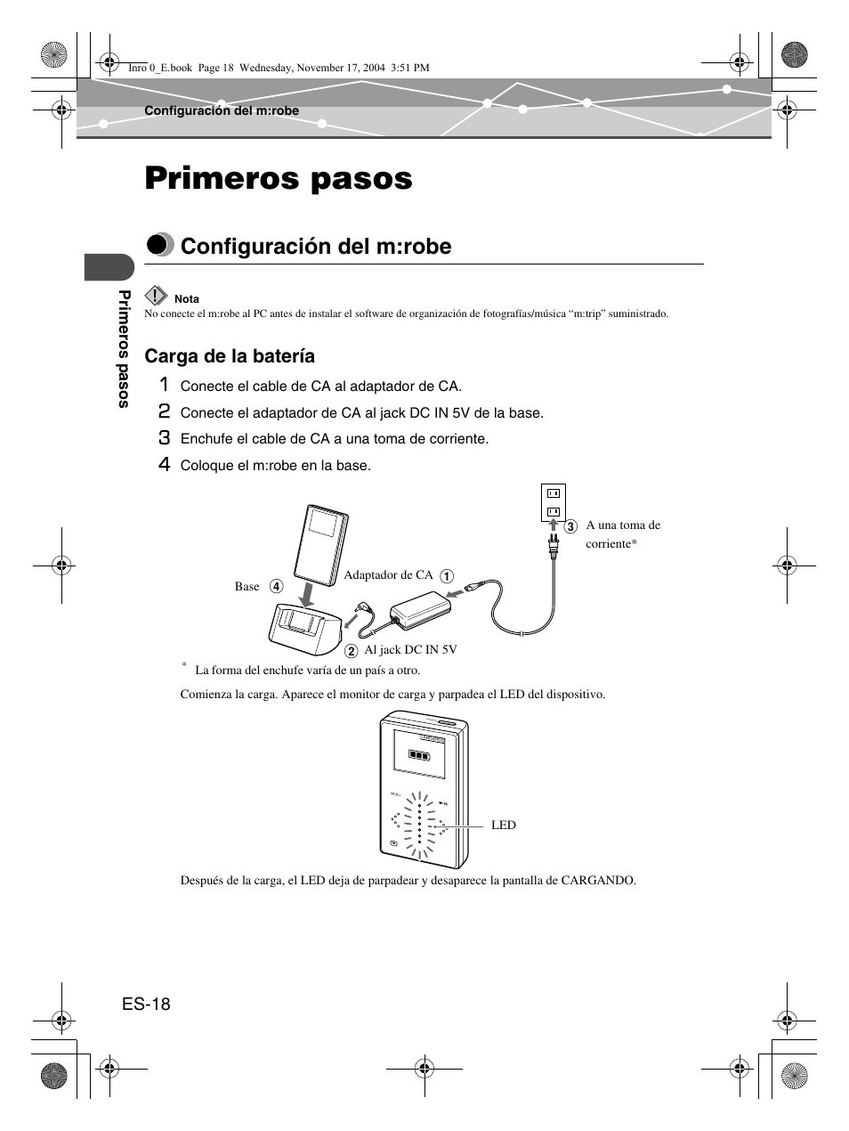 Primeros pasos, Configuración del m:robe, Carga de la batería 1 | Olympus m:robe MR-100 User Manual | Page 134 / 180