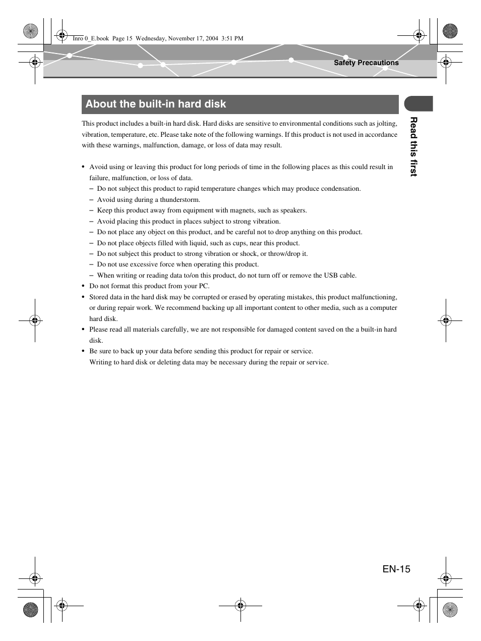 About the built-in hard disk, En-15 | Olympus m:robe MR-100 User Manual | Page 15 / 180