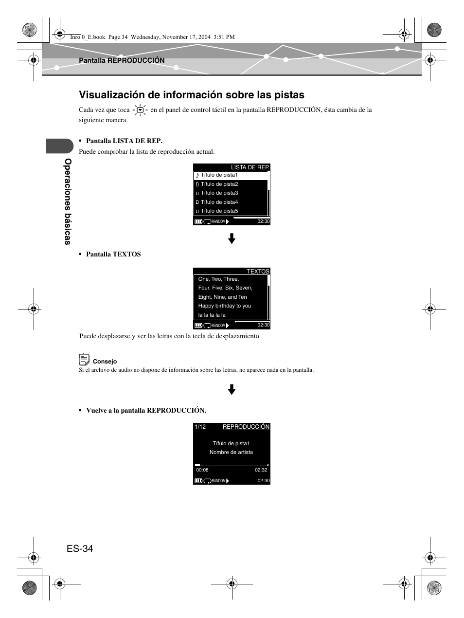 Visualización de información sobre las pistas, Es-34 | Olympus m:robe MR-100 User Manual | Page 150 / 180