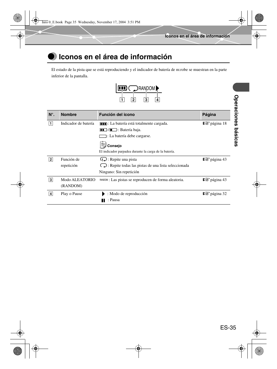 Iconos en el área de información, Es-35 | Olympus m:robe MR-100 User Manual | Page 151 / 180