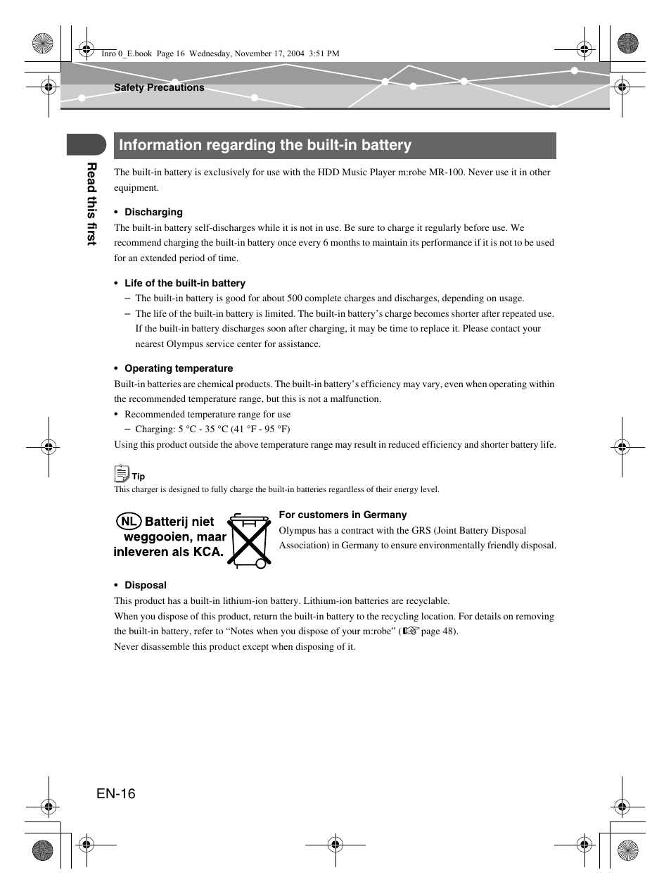 Information regarding the built-in battery, En-16 | Olympus m:robe MR-100 User Manual | Page 16 / 180