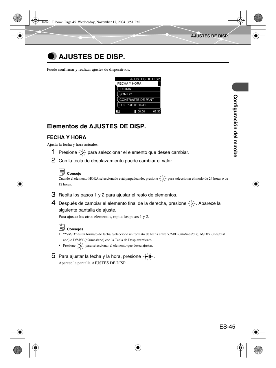 Ajustes de disp, Elementos de ajustes de disp, Es-45 | Olympus m:robe MR-100 User Manual | Page 161 / 180