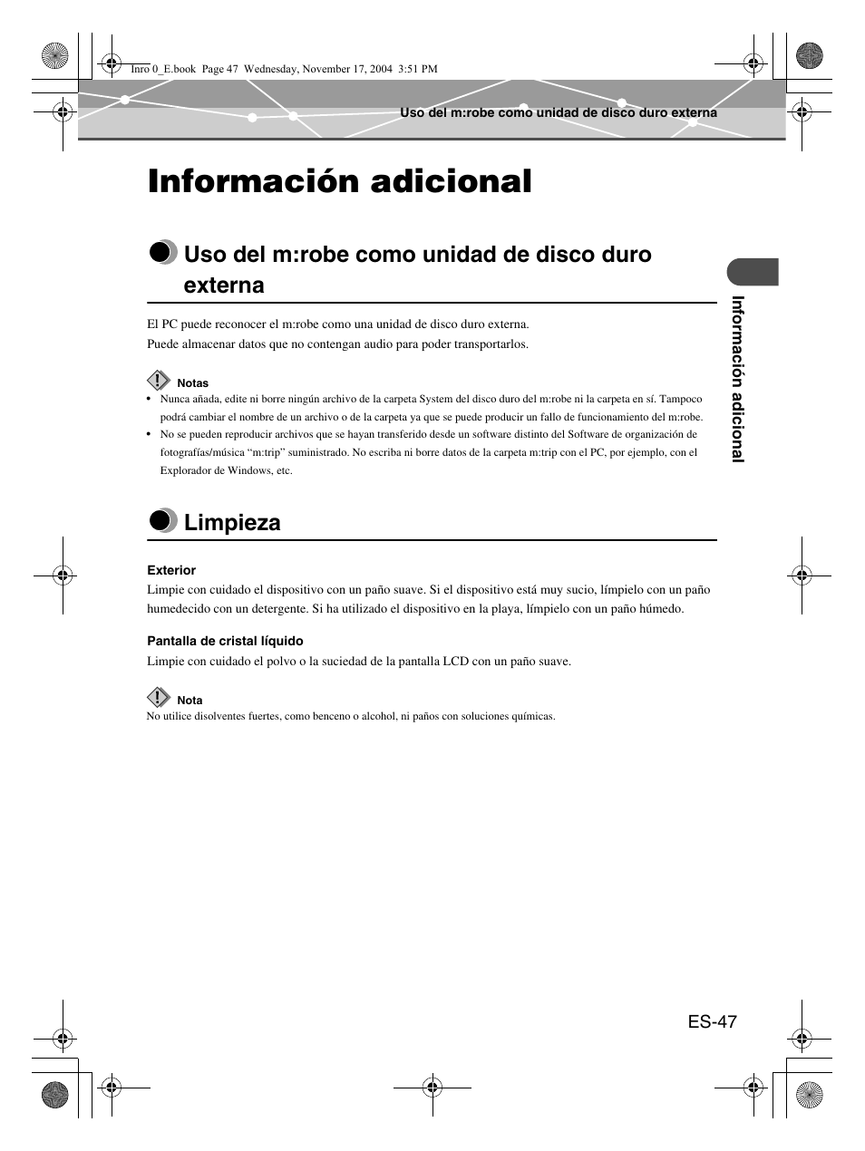 Información adicional, Uso del m:robe como unidad de disco duro externa, Limpieza | Olympus m:robe MR-100 User Manual | Page 163 / 180