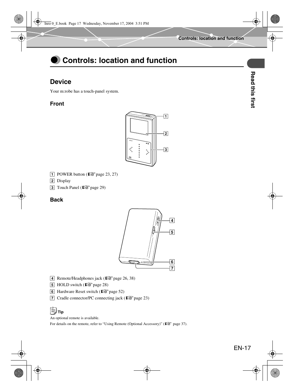 Controls: location and function, Device, En-17 | Re ad t h is fi rst, Front, Back | Olympus m:robe MR-100 User Manual | Page 17 / 180