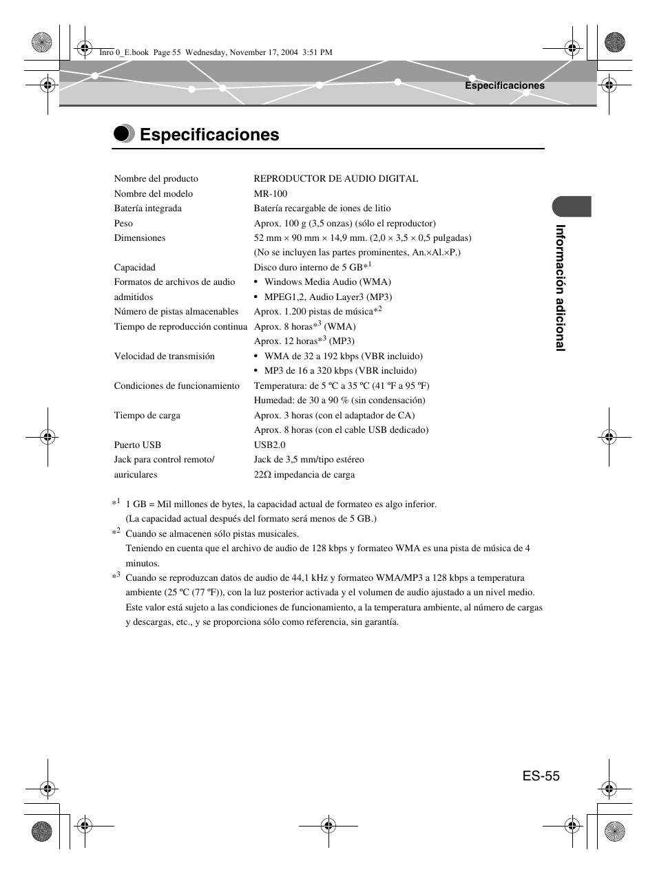 Especificaciones, Es-55 | Olympus m:robe MR-100 User Manual | Page 171 / 180