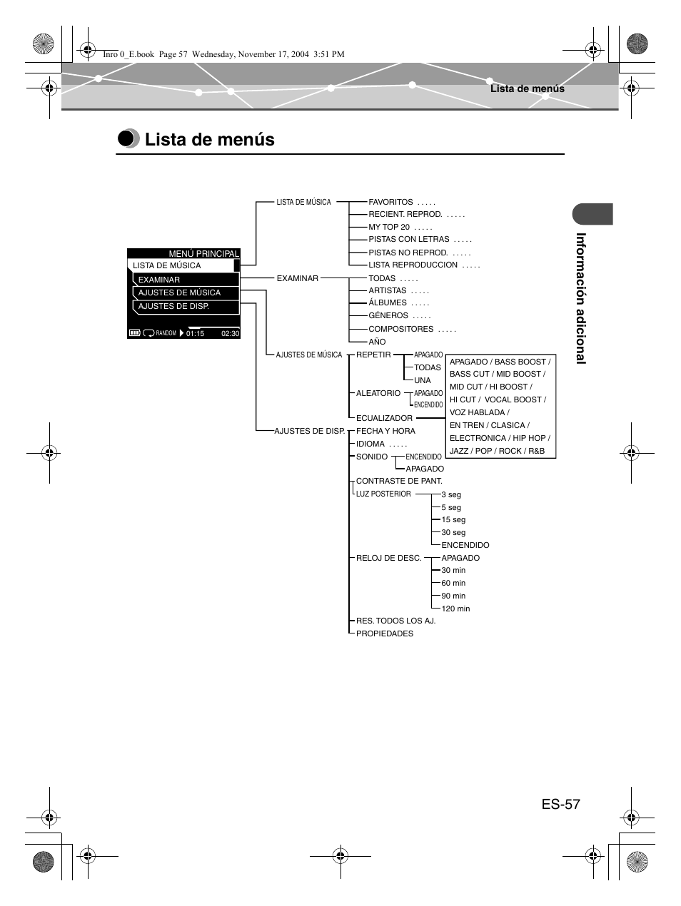 Lista de menús, Es-57 | Olympus m:robe MR-100 User Manual | Page 173 / 180