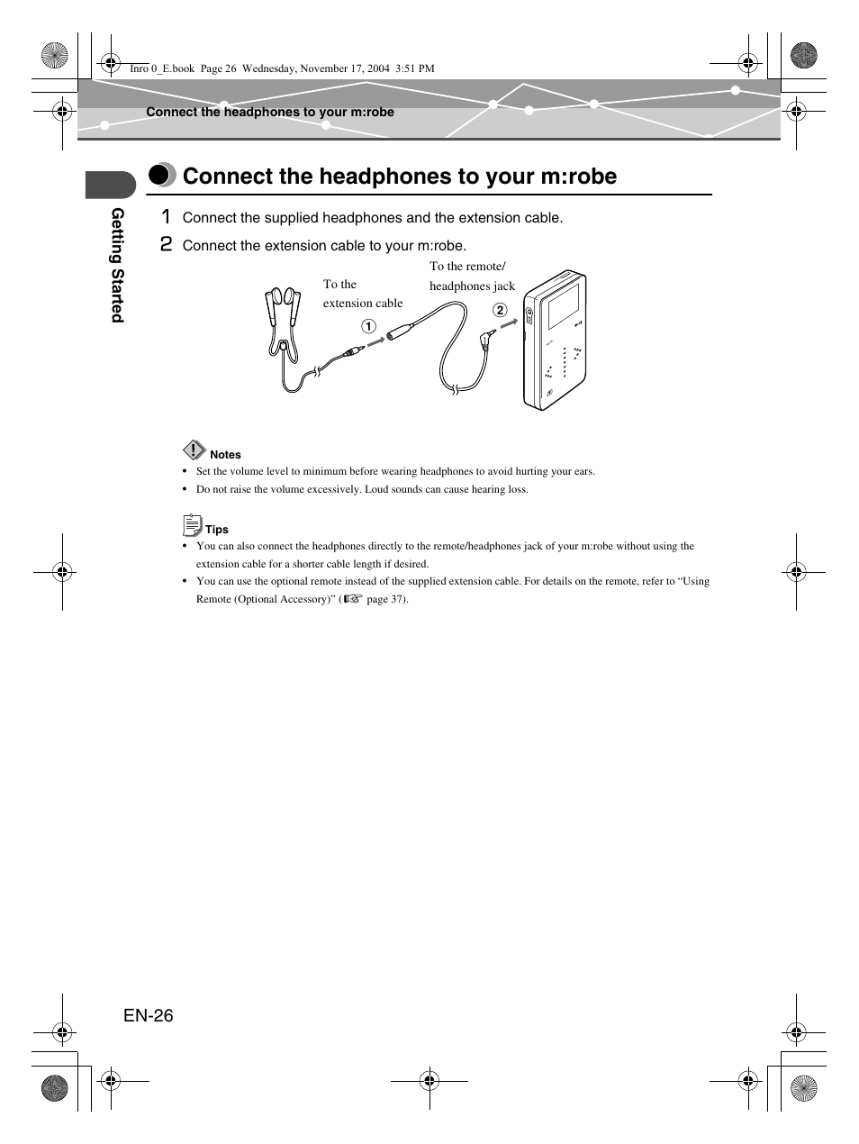 Connect the headphones to your m:robe, En-26, Ge tt ing st art e d | Olympus m:robe MR-100 User Manual | Page 26 / 180