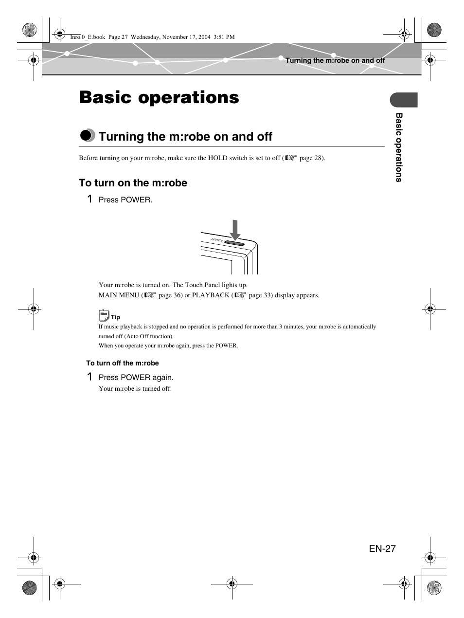 Basic operations, Turning the m:robe on and off, To turn on the m:robe | Olympus m:robe MR-100 User Manual | Page 27 / 180