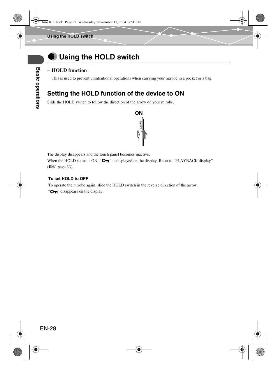 Using the hold switch, Setting the hold function of the device to on, En-28 | Olympus m:robe MR-100 User Manual | Page 28 / 180