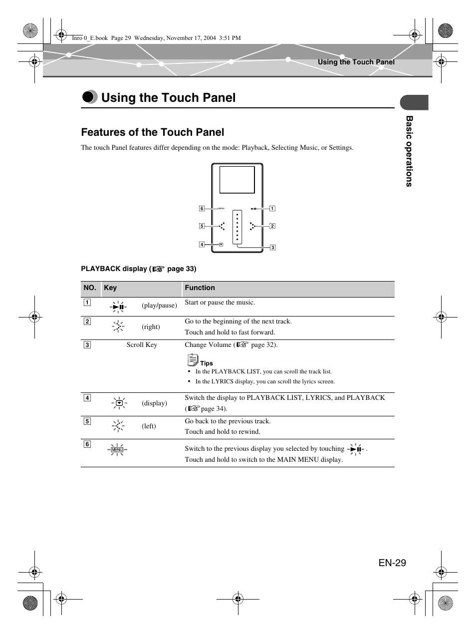 Using the touch panel, Features of the touch panel, En-29 | Olympus m:robe MR-100 User Manual | Page 29 / 180