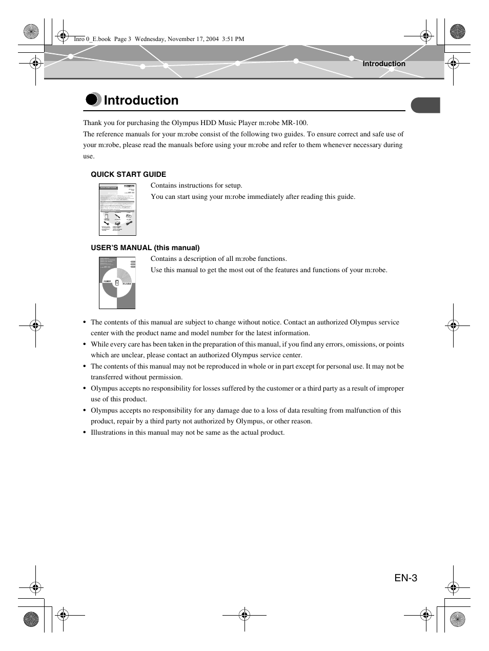 Introduction, En-3 | Olympus m:robe MR-100 User Manual | Page 3 / 180